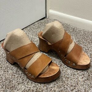 Candie's Brown Leather Mules with Wooden Heel